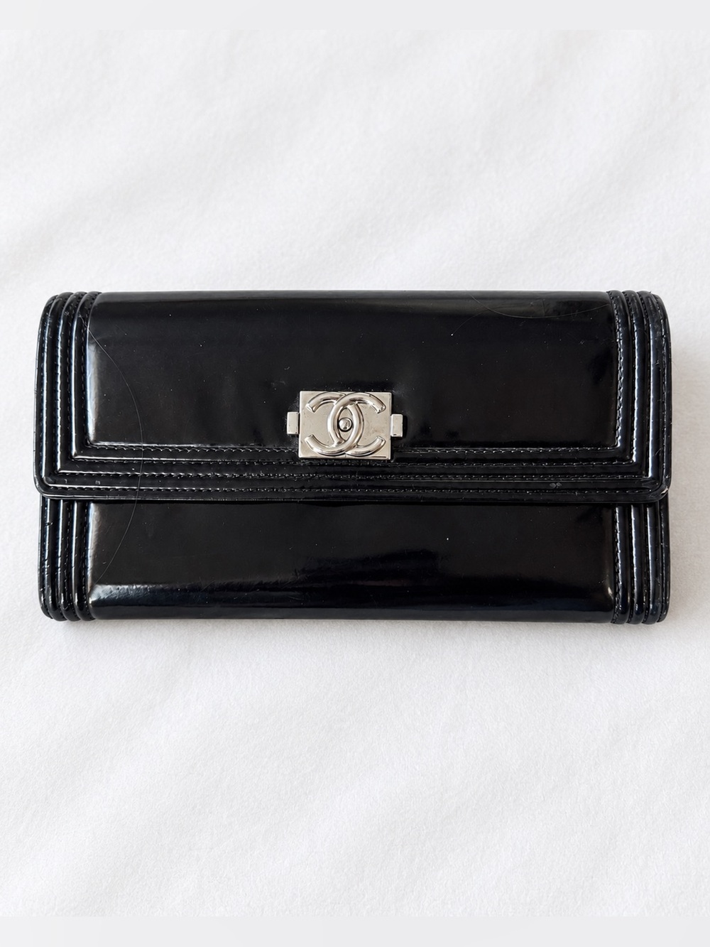 Chanel Boy Black Patent Leather Long Flap Wallet Silver Hardware 16 Series